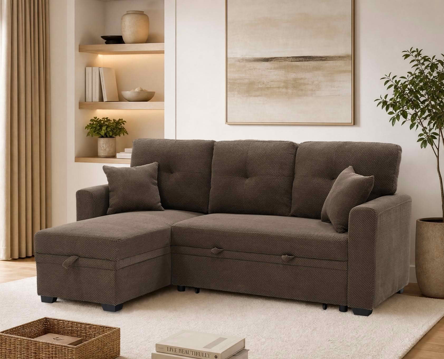 MAYEERTY L‑Shaped Sleeper Sectional Sofa, Convertible Pull‑Out Bed with Reversible Storage Chaise, Dark Gray Breathable Polyester Fabric for Small Living Spaces