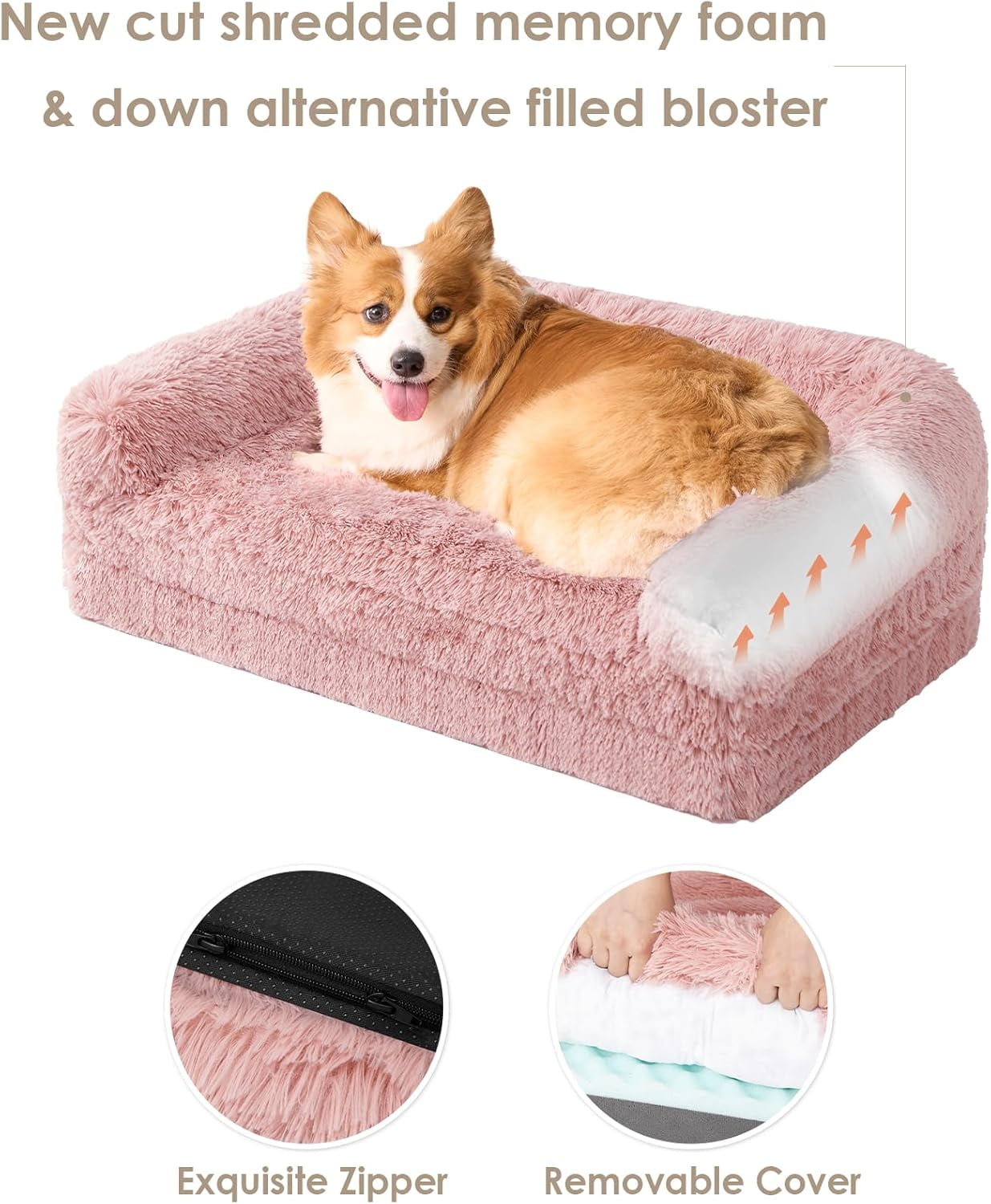 Foldable XXL Dog Bed, Faux Fur Fluffy Dog Bed for Extra Large Dogs, Orthopedic Calming Memory Foam Big Dog Couch Bed, Washable Soft Warm Dog Sofa Bed with Non-Slip Bottom, Pink, 54"x38"x7.5"