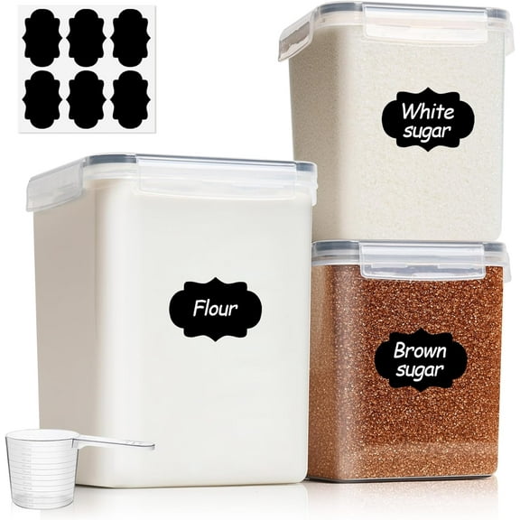 BZUEPRS Flour Sugar Storage Containers Set of 3 (5.2L/166oz) (2.5L/78oz*2), Large Airtight Food Storage Containers with Lids, Plastic Canisters Sets for Kitchen, Pantry Organizers for Rice and Baking