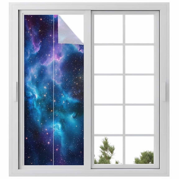 Starry Sky Window Privacy Film, Modern Rustic Blue Purple Ombre Star Night Static Cling UV Sun Blocking Heat Control Window Tint Day and Night, Non-Adhesive One Way Windows Privacy Cover 23.6''x59''
