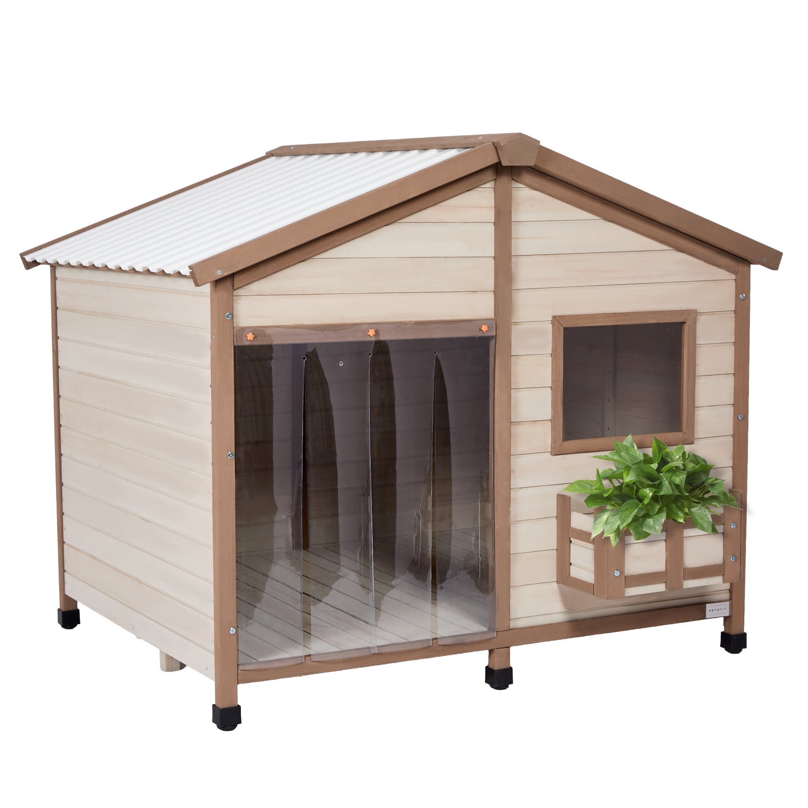 Petsfit 47" Dog House Outdoor with Waterproof PVC Roof, Extra Large Dog House for 2 Medium Dogs, Dog House Outdoor Large Breed, XXL Dog Houses with Window, Beige