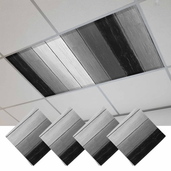 Black Gray Ombre Fluorescent Light Covers, Vintage Country Wooden Magnetic Light Covers for Ceiling Lights, Fluorescent Ceiling Shade Filters for Classroom Bedroom Office 4x2Ft x 4PCS