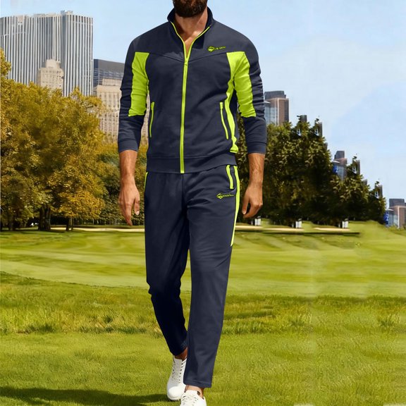 Handshe Men's Solid Color Tracksuit Set, Full-Zip Jacket with Pockets and Elastic Cuffs, Comfortable Sportswear for Gym and Daily Wear