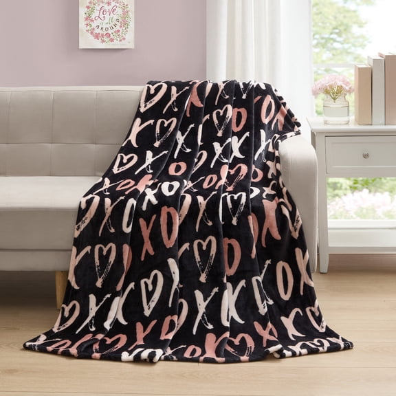 Kate Aurora Valentine's Day XOXO Oversized Black & Pink Accent Throw Blanket - 50 in. x 70 in.