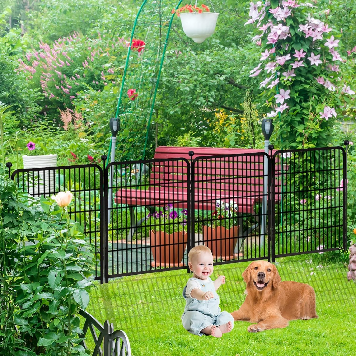 36-inch decorative garden fence with gate, 8 panels, 8.7 feet long, heavy-duty wrought iron animal barrier, suitable for patios, indoor pets or outdoor dogs, and garden boundaries.