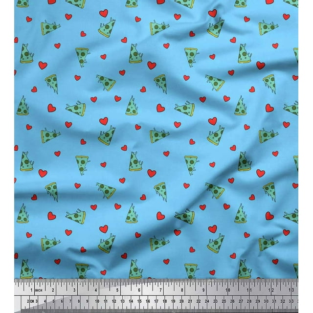 Soimoi Poly Georgette Fabric Heart & Pizza Slice Food Print Fabric by The Yard 42 Inch Wide