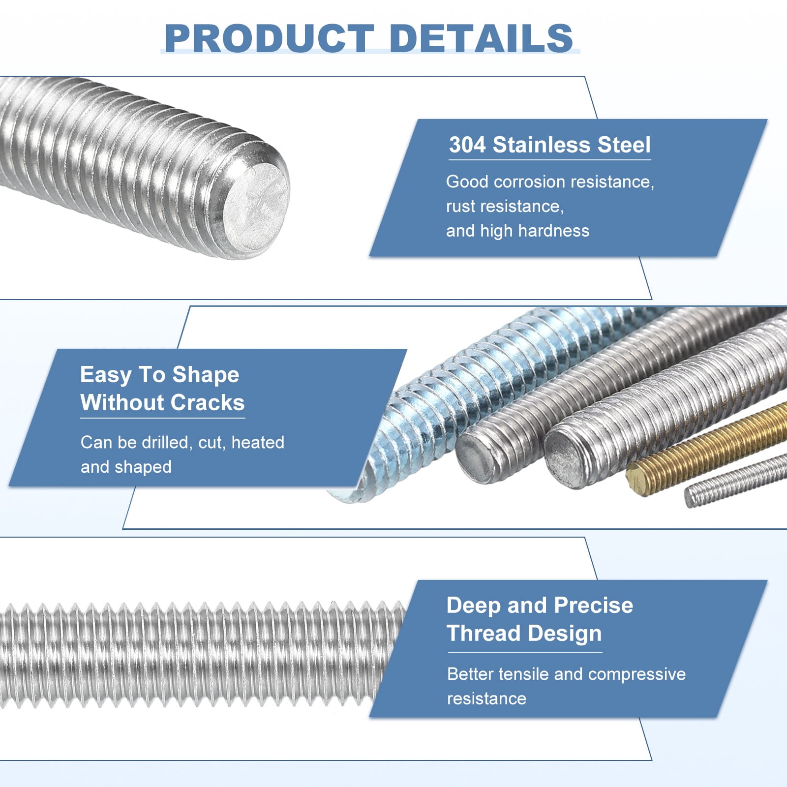 8Pcs M6-1.0x170mm Fully Threaded Rods, 304 Stainless Steel Thread Bar Studs