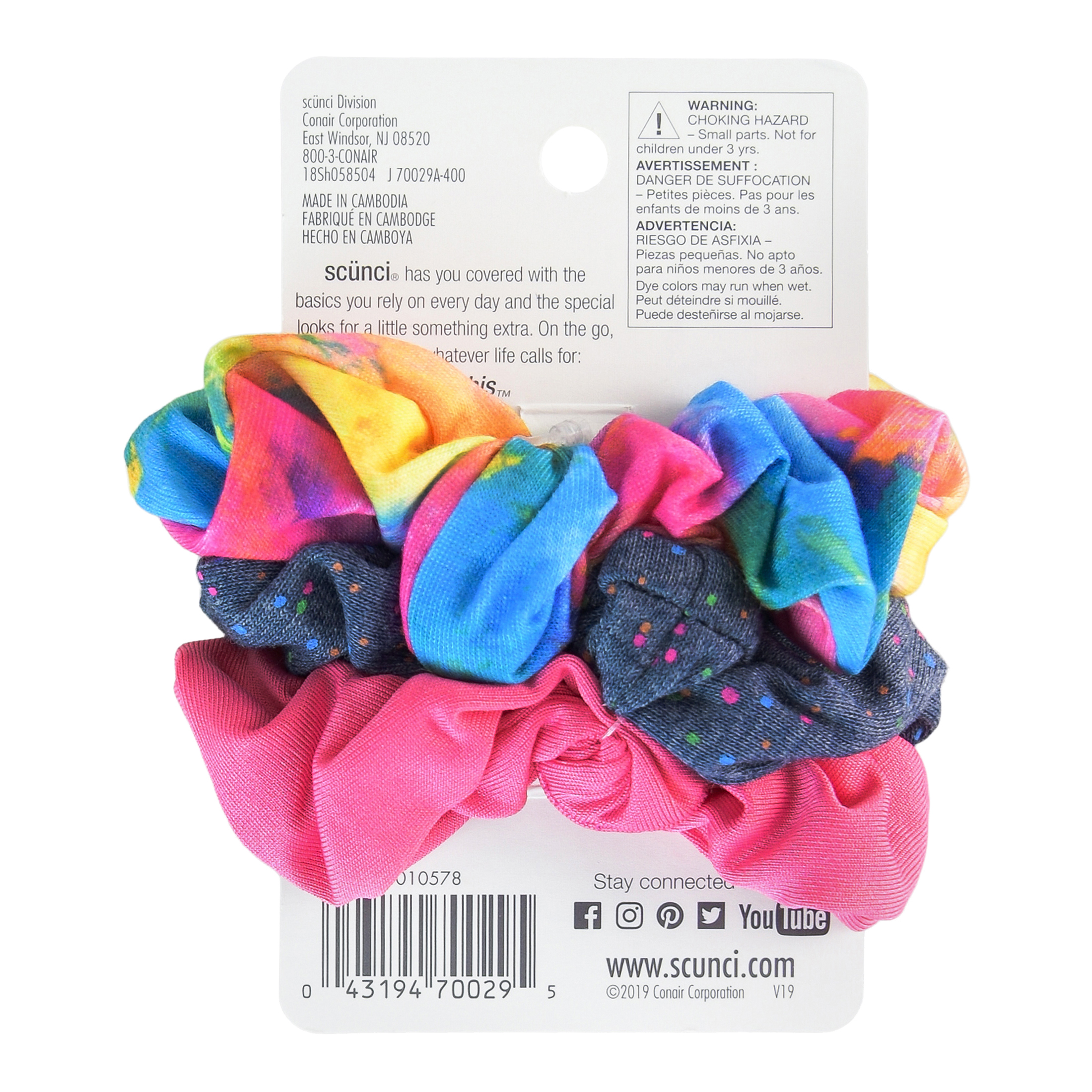 Scunci Original Scrunchies in Pink, Grey Print, and Tie-Dye, Perfect for  Wrist and Hair, 3ct