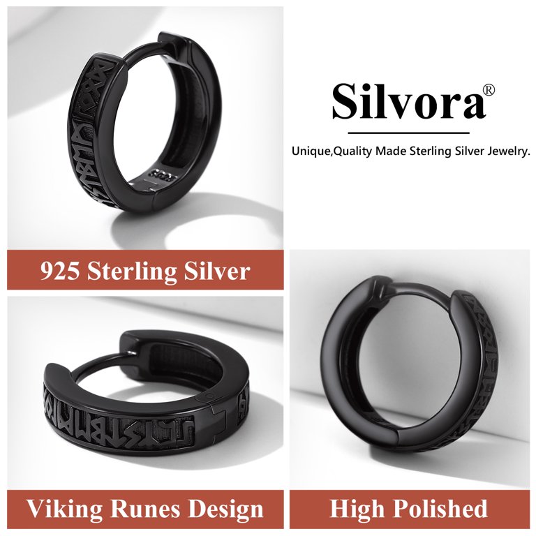 Silvora 10mm Black Men Earrings Viking Rune Hoop Earring