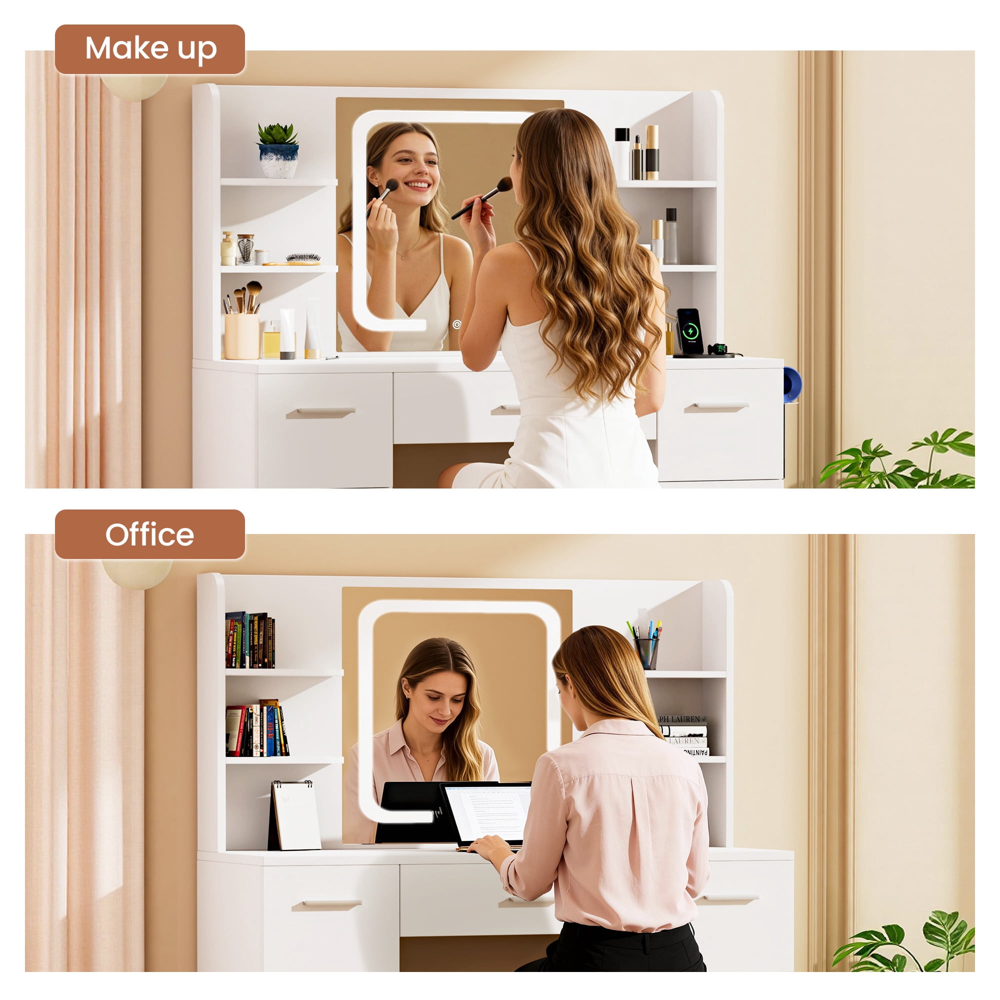 LIVELYGLOW Vanity Desk with Smart LED Lighted Mirror, Built-in Power Outlet, Large Storage Drawer, Modern Minimalist Makeup Dressing Table for Bedroom,White