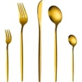 thumbnail image 1 of Juego de cubiertos de oro mate de 20 piezas, juegos de cubiertos de acero inoxidable ligeros, cuchillo, tenedor, cuchara redonda, apto para lavavajillas, 1 of 5