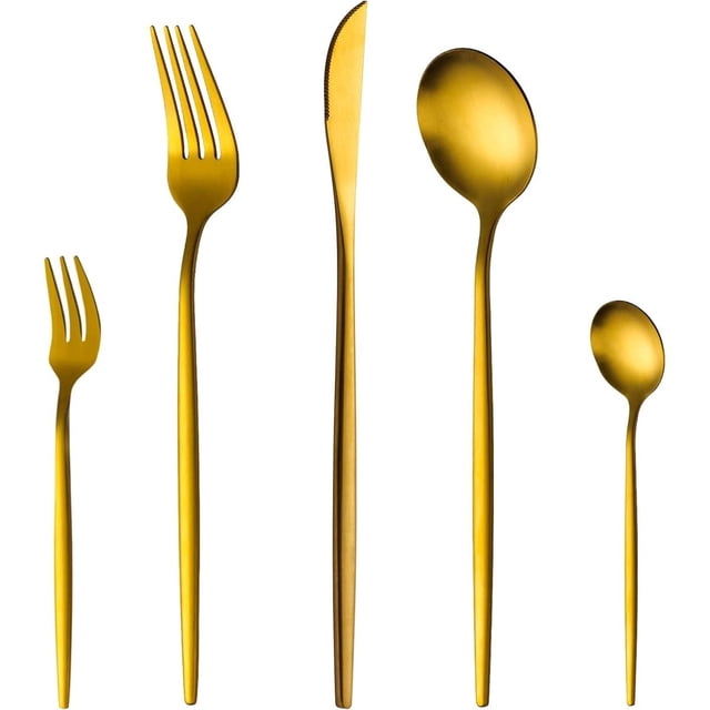 Juego de cubiertos de oro mate de 20 piezas, juegos de cubiertos de acero inoxidable ligeros, cuchillo, tenedor, cuchara redonda, apto para lavavajillas