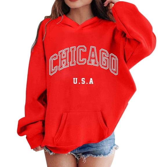 Chicago USA Graphic Hoodie for Women and Girls - Soft, Breathable Fabric, Long Sleeve, Front Pocket, for Casual Wear and Everyday Use