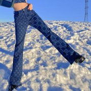 Aellinatey Women High Waist Straight Jeans Pants Asymmetrical Plaid Floral Denim Trousers