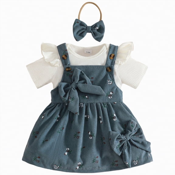 CAICJ98 Newborn Baby Girl Clothes Summer Outfits Short Sleeve Ruffle Romper Top Infant Skirt Set Little Girl Overall Dress (Blue,9-12 Months)