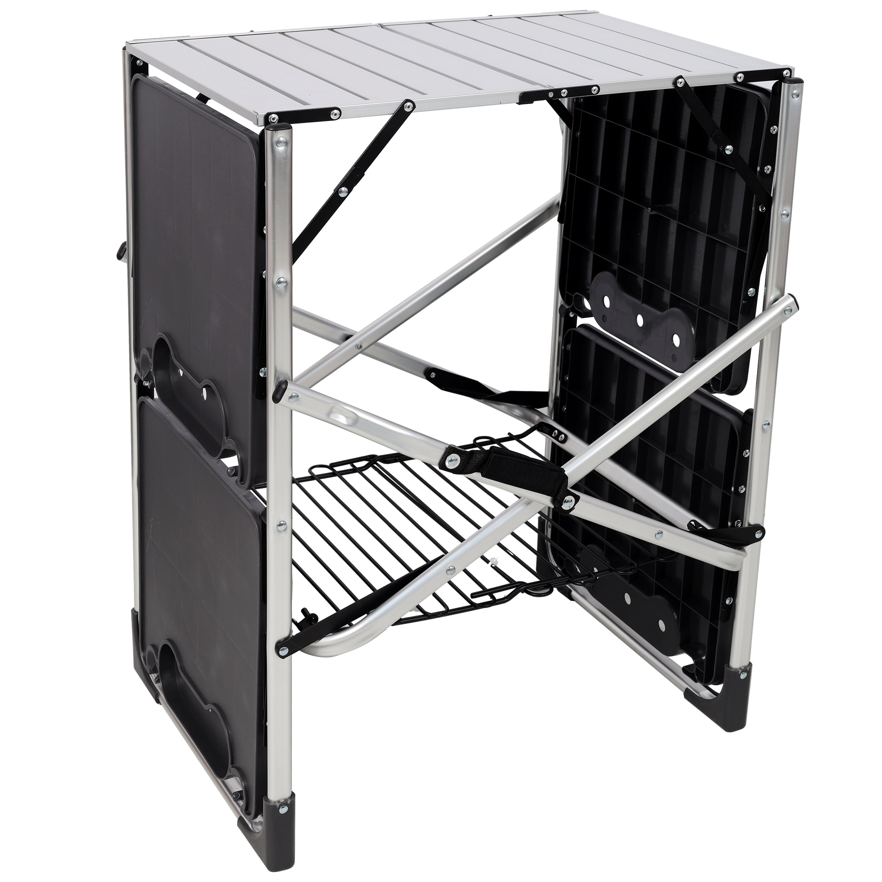 Folding Camping Cooking Station with Heat Resistant Top, 4 Side Tables, Storage Rack & Lamp Post, Portable Outdoor Kitchen Prep Table for Picnic Tailgating Camping