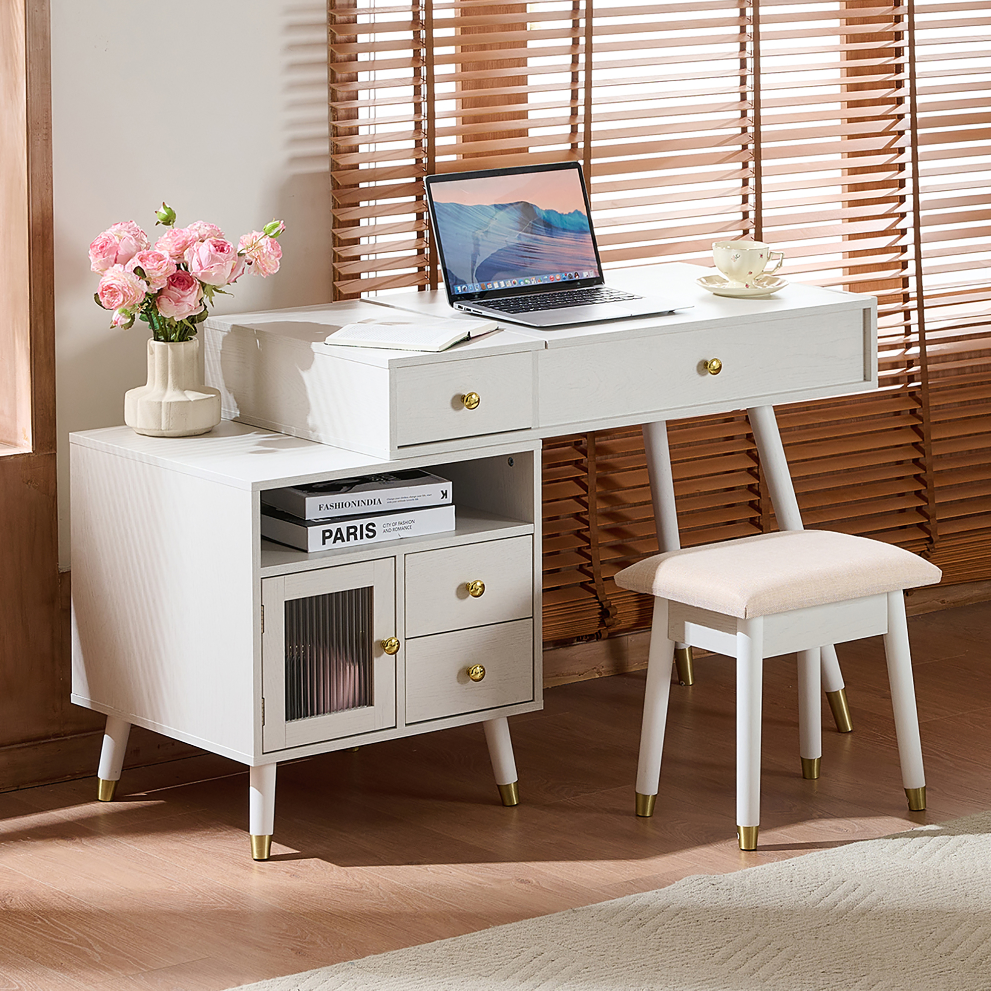 Euroco 3-in-1 Vanity Desk with Lighted Flip-Top Mirror & Adjustable Cabinet, Makeup Dressing Table with Stool, Dresser with Drawers for Bedroom, White
