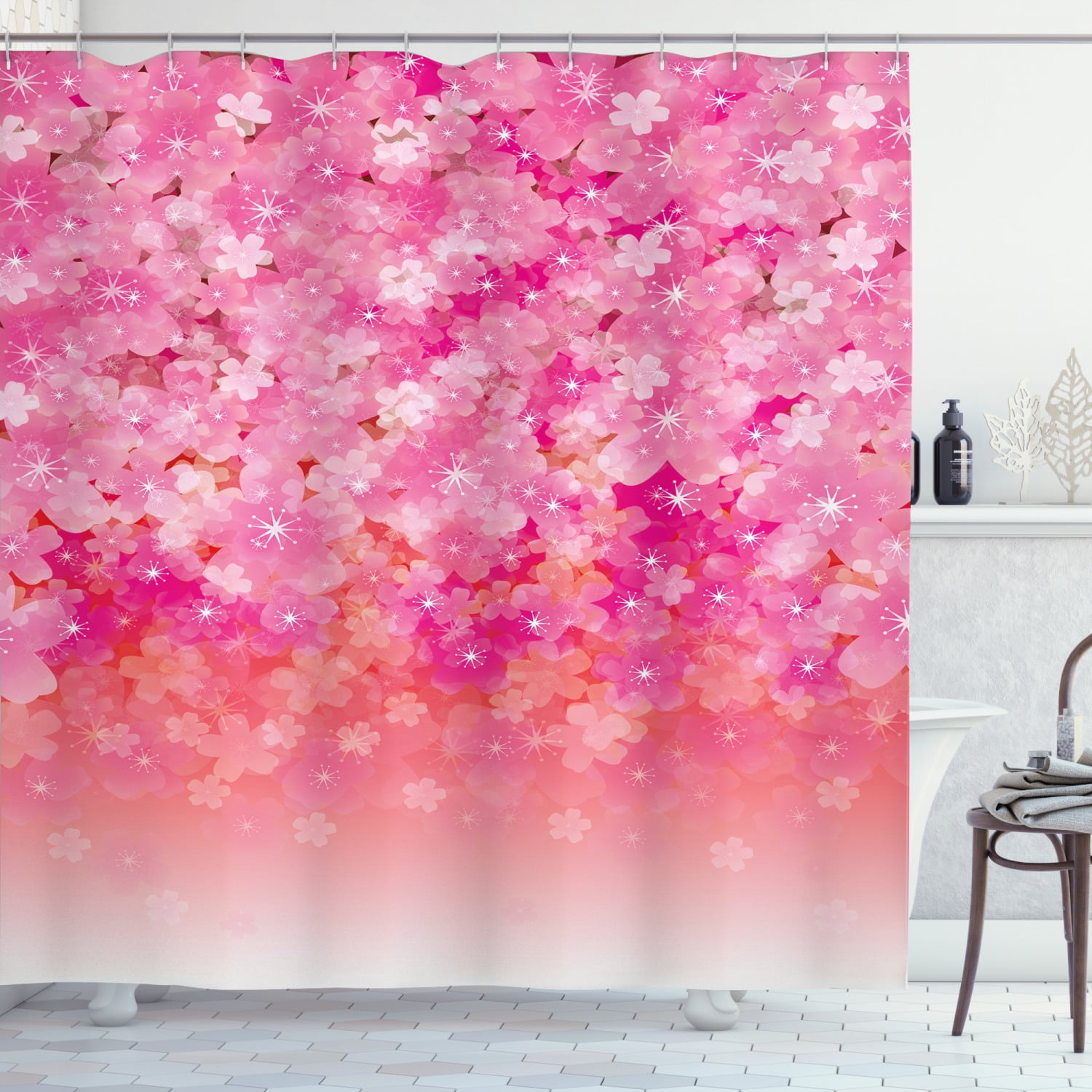 Light Pink Shower Curtain, Cherry Blossom Tree Flowers in Vibrant Tones Spring Beauty