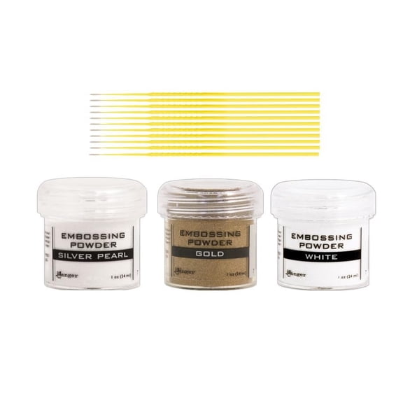Ranger Embossing Powder Bundle - Gold, White, and Silver Pearl, 1 oz Jars - Use with Ranger Embossing Inks and Accessories - with Trebbies Detail Sticks