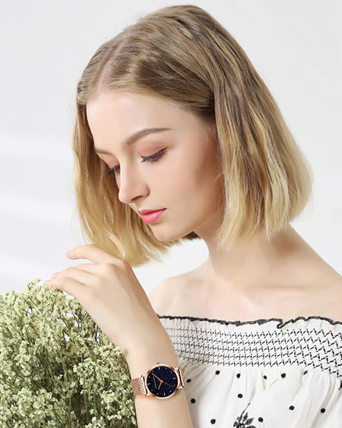 Watches for Women Fashion Quartz Starry Sky Analog Dress Wristwatch Waterproof Stainless Steel Rose Gold Mesh Band Watch