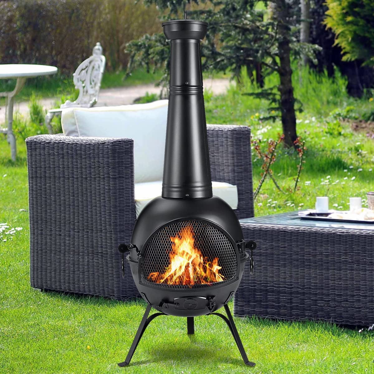 54.5in Fire Pit Chiminea Outdoor Fireplace Cast Iron Fireplace for Outside Garden Treasures Cast Iron Wood Burning Firepit Outdoor Heating with Log Grate, Poker and Cover