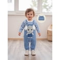thumbnail image 6 of Baby Boy's Clothing Sets Fashionable Long Sleeve Striped Romper with Embroidered Overalls and Hat 3Pcs Outfits, 6 of 9