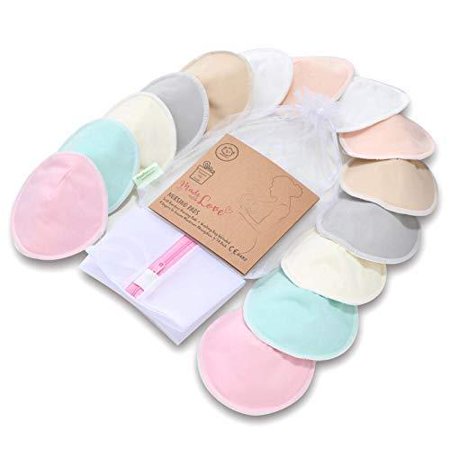 Organic Bamboo Nursing Breast Pads - 14 Washable Pads + Wash Bag - Breastfeeding Nipple Pad for Maternity - Reusable Nipplecovers for Breast Feeding (Pastel Touch, Large 4.8