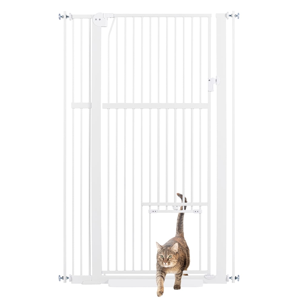 Unipaws 56" Tall Baby Gate with Cat Door, 31-37" Wide Pressure Mounted Dog Gate for Stair Doorway, Walk Through Pet Gate, White