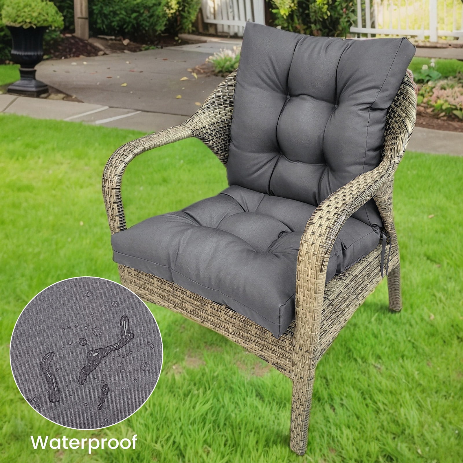 SHANNA Outdoor Chair Cushions, 4 Pack Tufted Thicken Waterproof Patio Chair Pad Wicker Chair Seat Cushion with Non-Slip Ties for Outdoor Furniture, Dark Gray