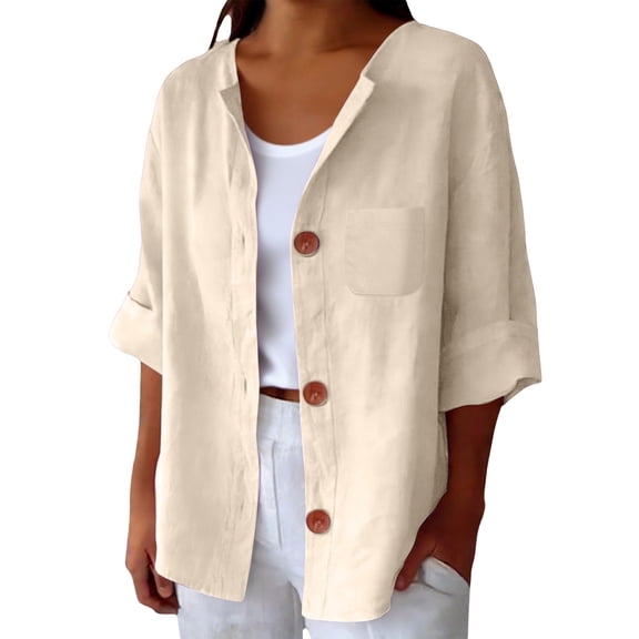 ManxiVoo Cozy Sweatshirt for Women Three Quarter Sleeve Linen Blend Top with Pocket Relaxed Lounge Wear L Size Beige