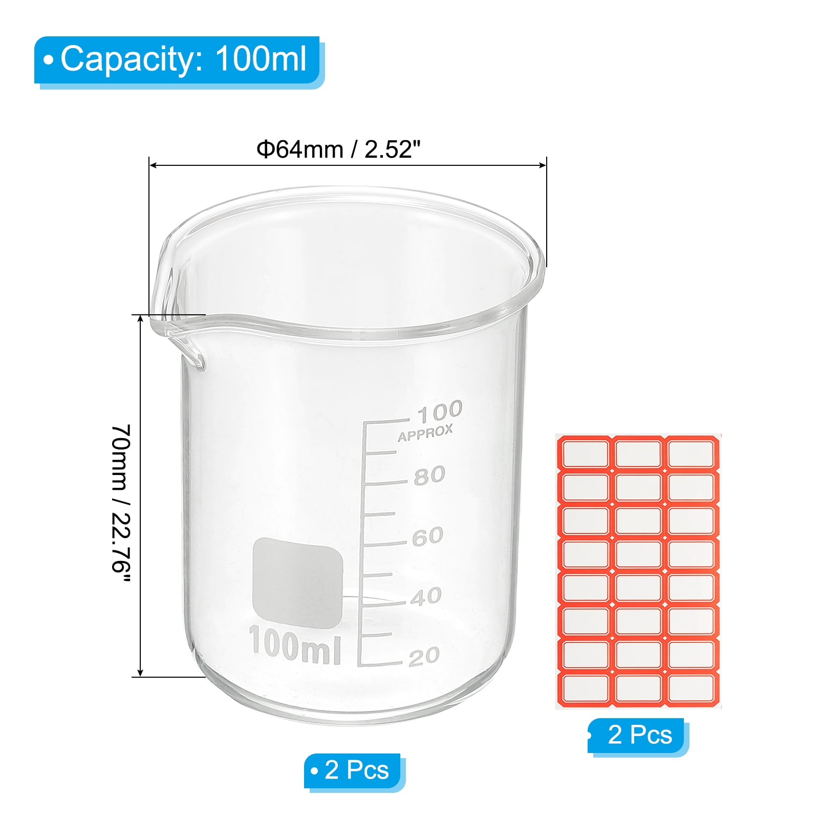 100ml Glass Beaker, 2 Pack Measuring Glass Beaker Graduated Borosilicate Lab Cups Mug Low Form Heat Safe Transparent with Spout Label for Laboratory Science Kitchen Liquids