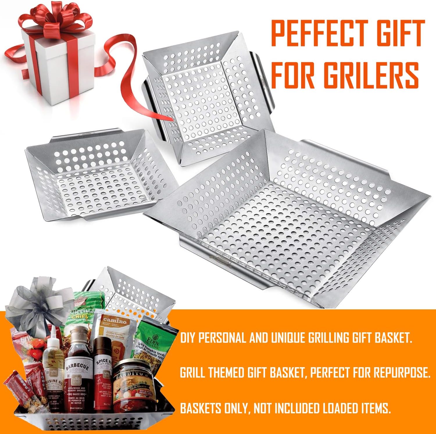 3 Pack Grill Baskets for Outdoor Grill, Heavy Duty Stainless Steel Vegetable Grill Basket, Grilling Basket for Veggies, Grilling Accessories for All Grills & Smokers - Grilling Gifts for Men - image 2 of 7