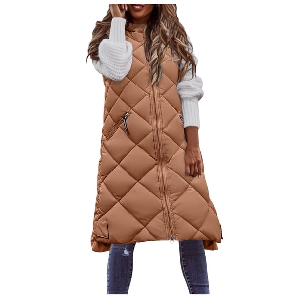 Gibobby Abrigos largos de invierno para mujer, Chaleco largo de invierno para mujer, con capucha y cierre completa, chamarra de plumón largo, acolchado, ligero, chaleco largo(Marrón,XG)