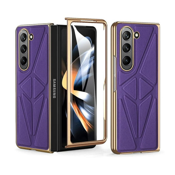Haobuy Compatible with Samsung Galaxy Z Fold 5 Leather Case with Screen Protector Anti-Drop Business Case-Purple