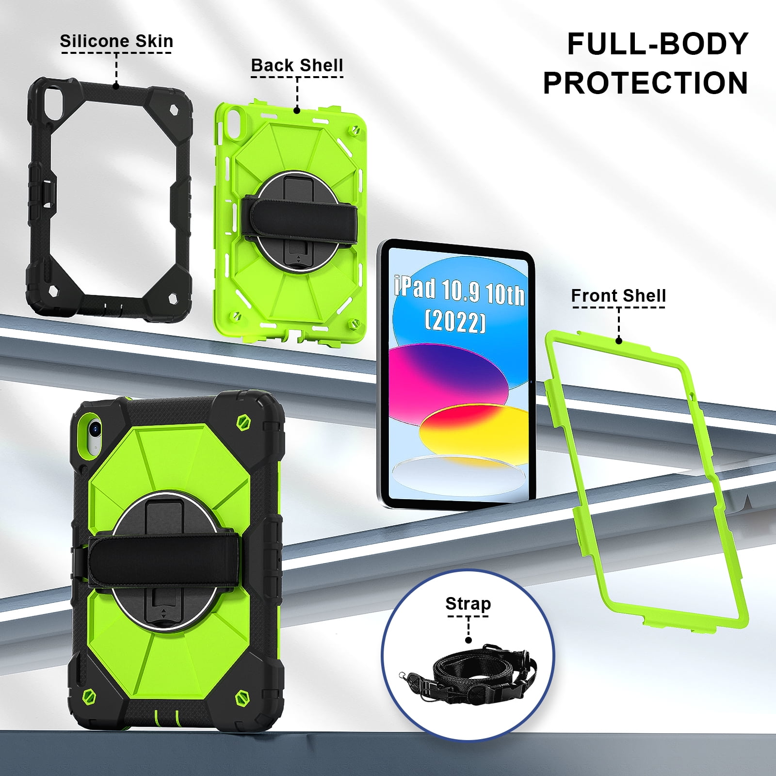 ELEHOLD Rugged Hybrid Case for iPad 11th Gen (A16) 2025 11-inch,with Built-in Kickstand 360° Rotating Handstrap Pencil Holder Crossbody Shoulder Strap Shockproof Heavy Duty Case,Black/Green