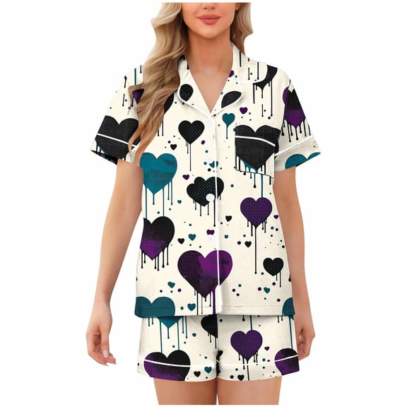 Tnhcen Women's Valentine's Day Pajamas 2-Piece Set Button - Front Short Sleeve Heart Print Milk Silk Soft Stretchy Sleepwear S - 2XL