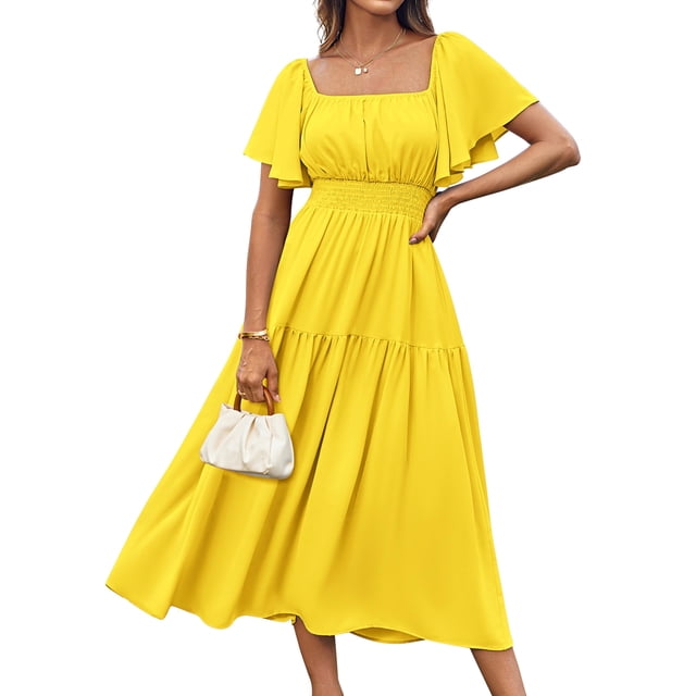 Vestido GRACE KARIN Summer Fluido Midi Cuello Cuadrado Amarillo para Mujer