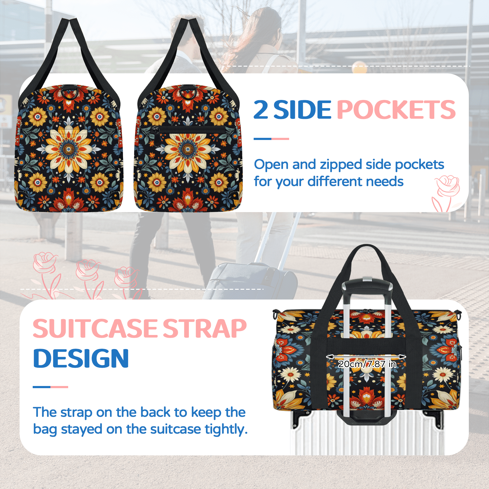 Herdesigns Mexico Flower Gym Bag for Women, Duffle Bag for Travel Sport, Sunflower Lightweight Waterproof Carry on Weekender Dance Yoga Workout Bags