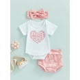 thumbnail image 2 of Bagilaanoe Newborn Baby Girls 3 Pieces Outfits Letter Print Pink Short Sleeve Romper Tops + Shorts + Headband 3 6 12 18 Months Summer Casual Set, 2 of 8