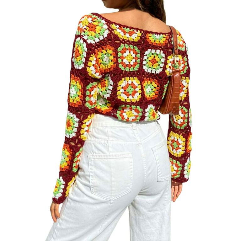 Biekopu Women's Hollow Open Navel Crochet Top, Long Sleeved Round Neck  Solid Color Loose Knit T-Shirt,S/M/L/XL 
