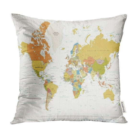 BOSDECO Blue Vintage World Map Retro White Color Labeling Brown Pillow Case Pillow Cover 20x20 inch