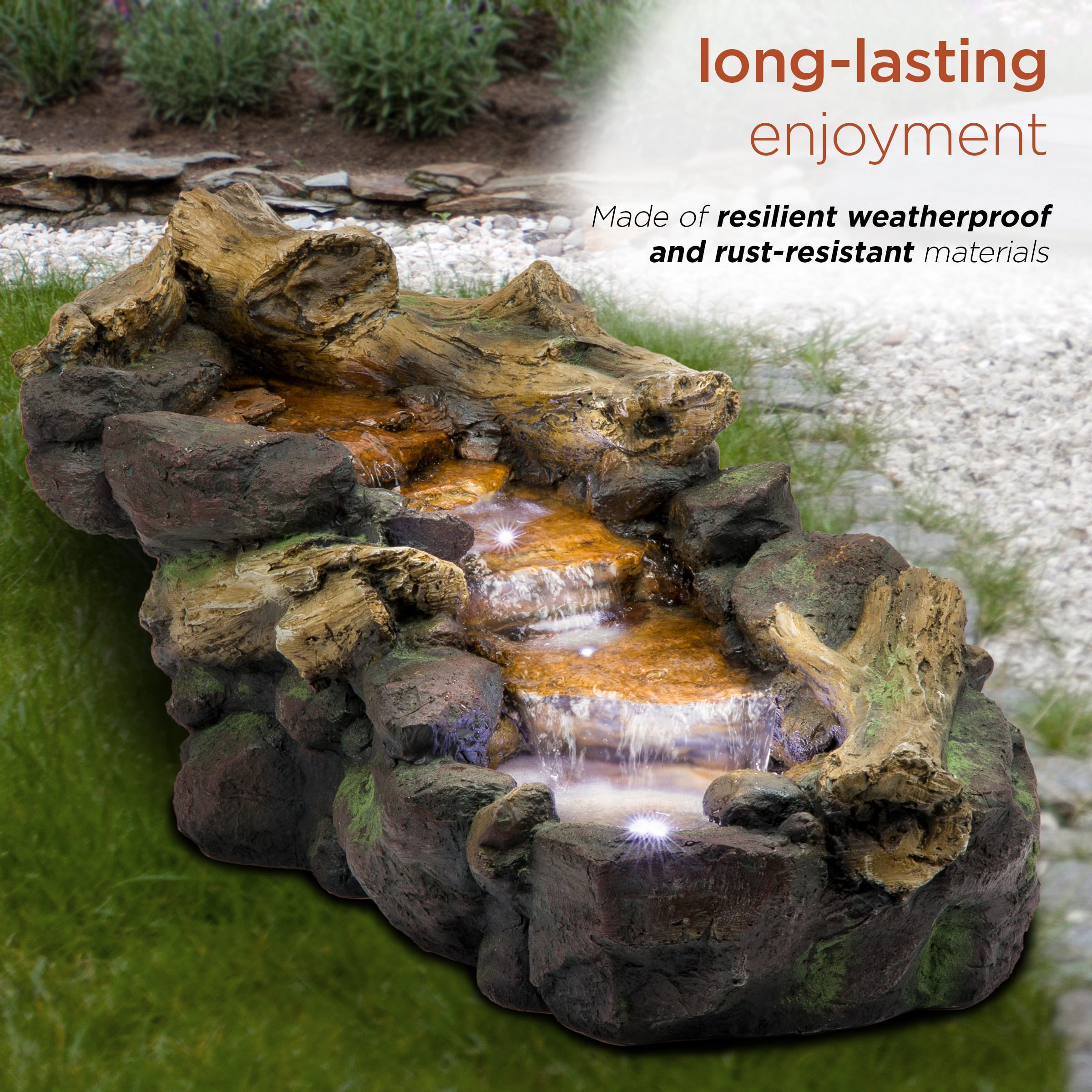 Alpine Corporation 41" Long Indoor/Outdoor River Rock and Log Fountain with LED Lights