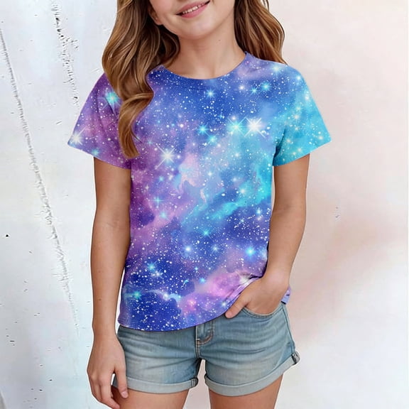 Girls Celestial Star Print Short Sleeve Graphic Tee Casual Round Neck Top For Everyday Play T-Shirts Kids Short Sleeve Crewneck Solid Basic Tees Casual Tops