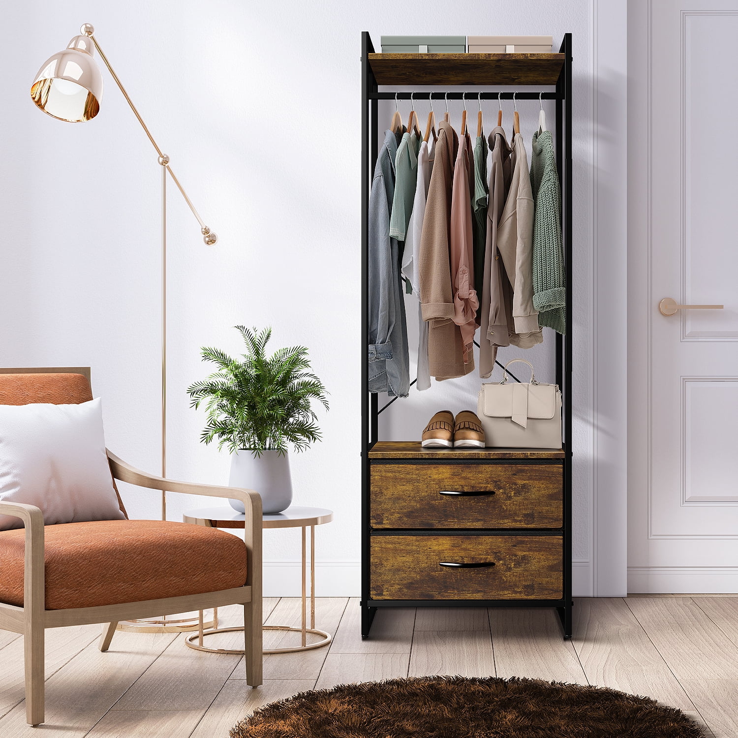 Sorbus Clothing Rack with 2 Drawers, Wood Top, Steel Frame, Rustic Brown