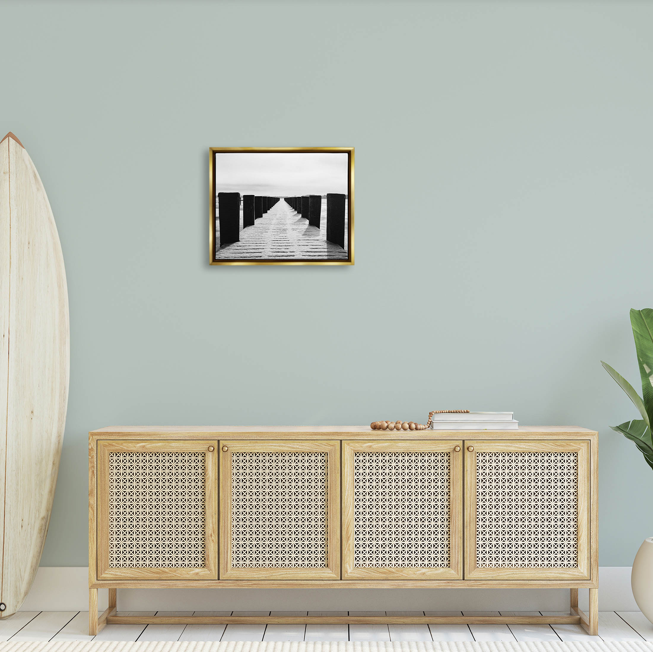 Stupell Industries Winter Dock Snowy Beach Photograph Metallic Gold Floating Framed Canvas Print Wall Art, Design by Aledanda