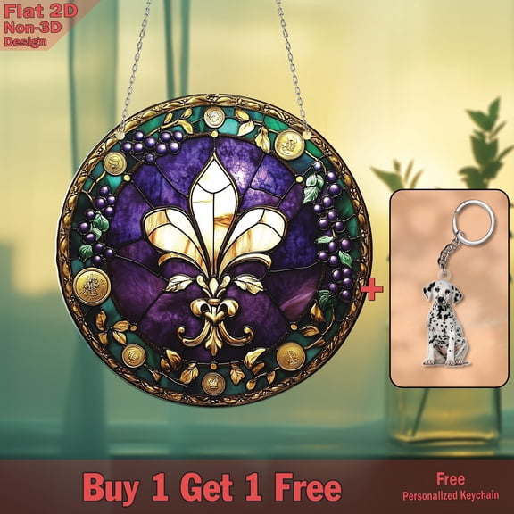 Elegant Fleur-de-Lis Design with Rich Purple and Golden Accents, Perfect for Home Décor, Unique Stained Glass Art for Your Window, Timeless Floral Elegance - Stunning Acrylic 2D Window Hanging