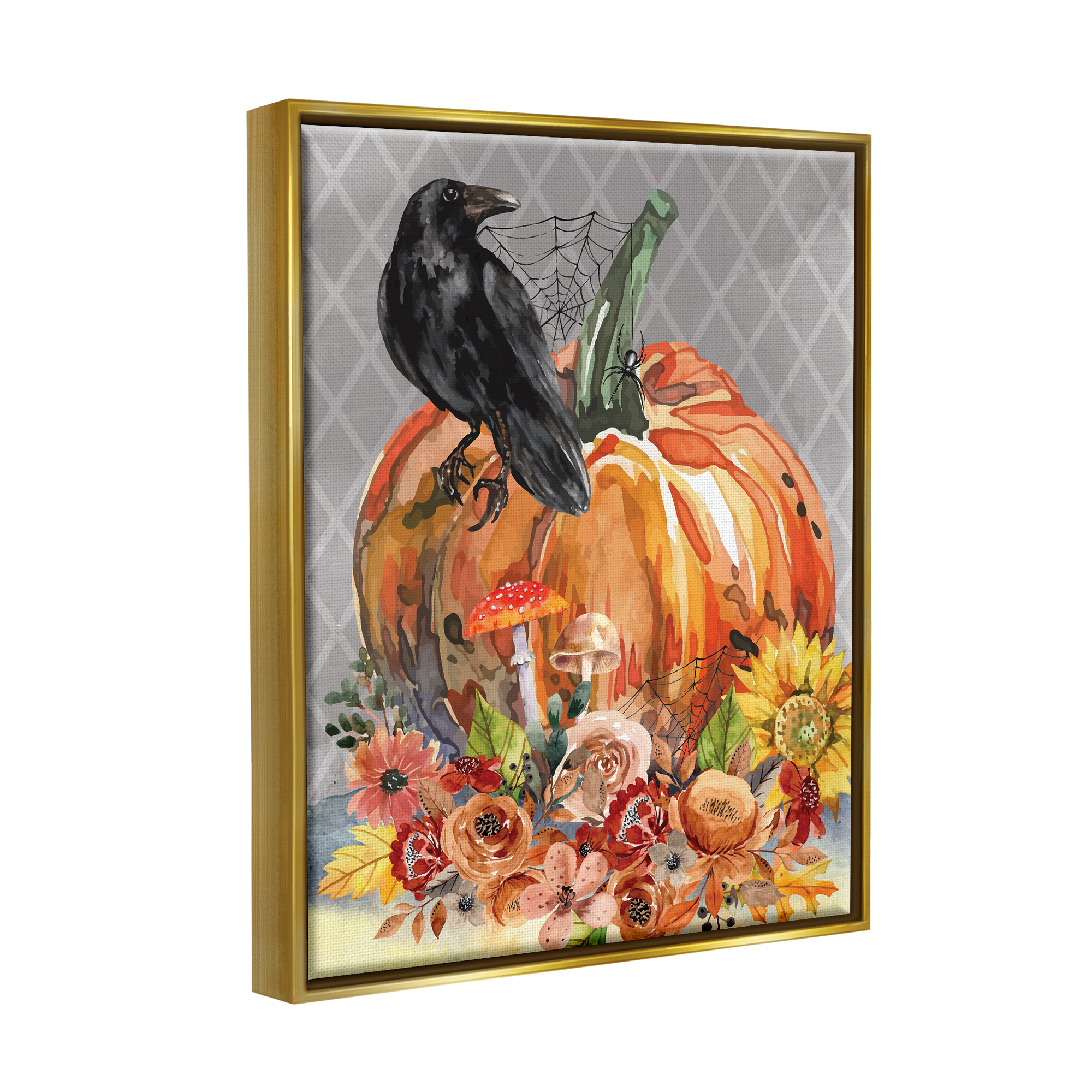Stupell Industries Autumn Crow Pumpkin Botanicals Holiday Painting Gold Floater Framed Art Print Wall Art