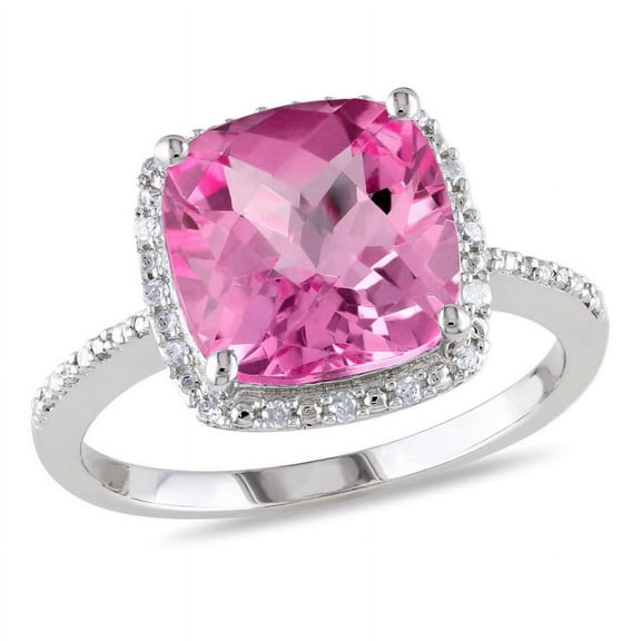 AMOUR 1/10 CT TW Diamond and 5 3/4 CT TGW Cushion Cut Created Pink Sapphire Halo Ring In Sterling Silver
