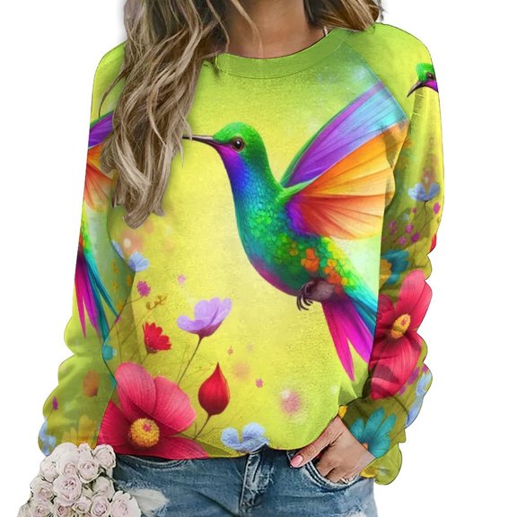 Colorful Hummingbird Floral Garden Hoodie Round Neck Long Sleeve Cute Casual Hoodie Loose Plus Size Fashion Hoodie
