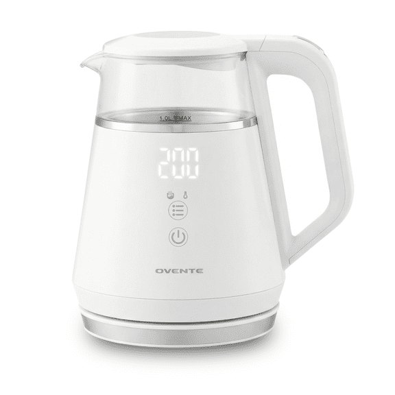 OVENTE 1L Small Electric Kettle with 5 Temperature Preset, Digital Display, 5Hr Keep Warm, Auto Shut-Off, Double-Wall Cool Touch Exterior, Borosilicate Glass,1500W BPA Free Water Boiler, White KD95W
